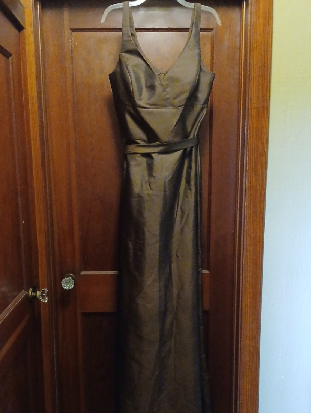 Mori Lee Brown Satin V-Neck Maxi Gown